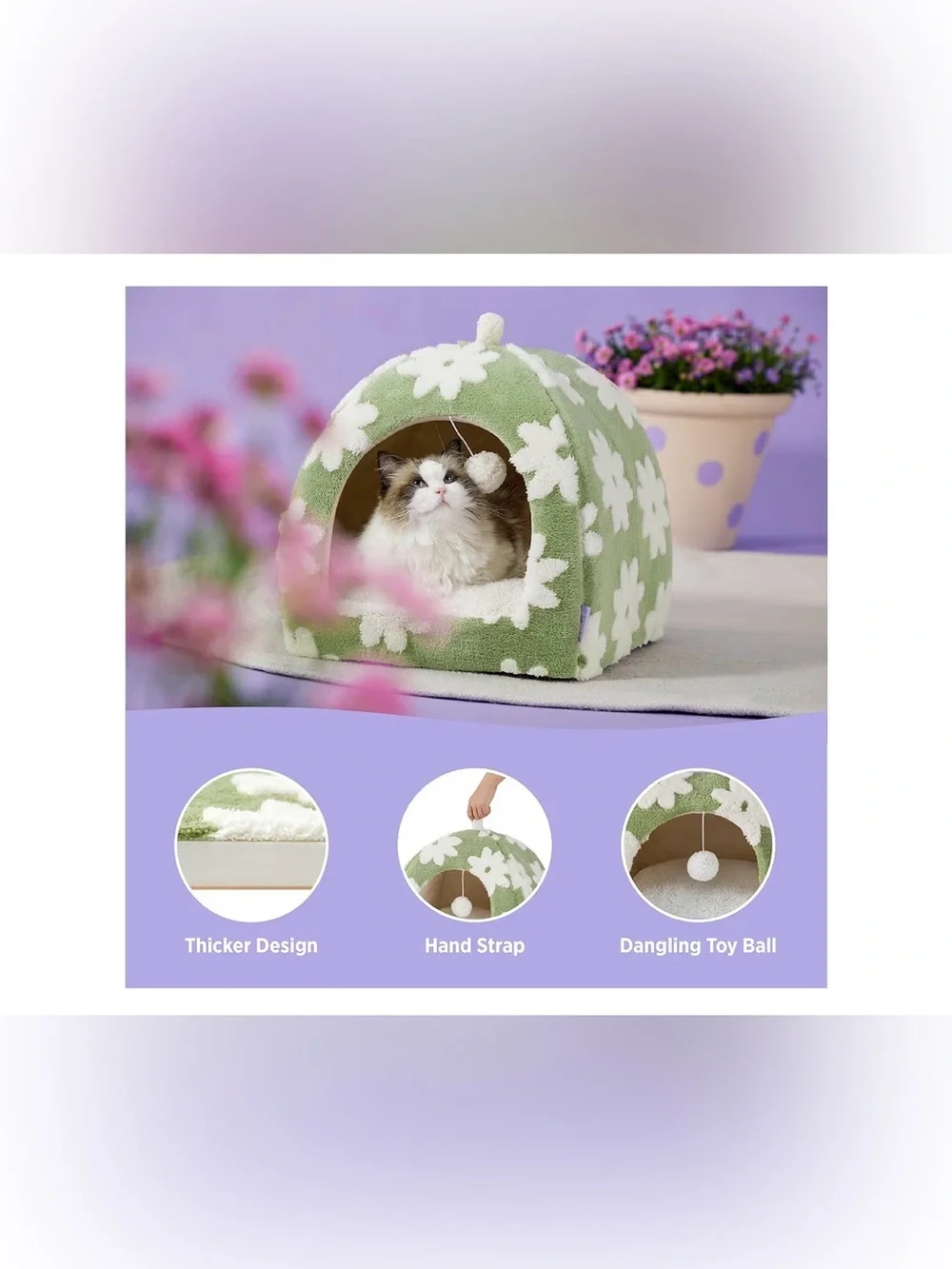Cozy Green Floral Cat Cave Bed with Pom Toy